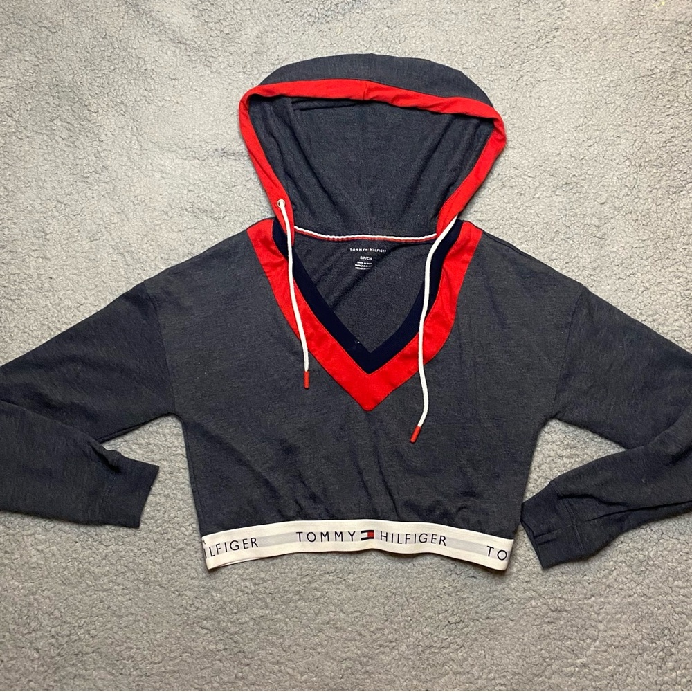 Women’s Tommy Hilfiger Sweater Size S Blue Cropped Pullover Hoodie